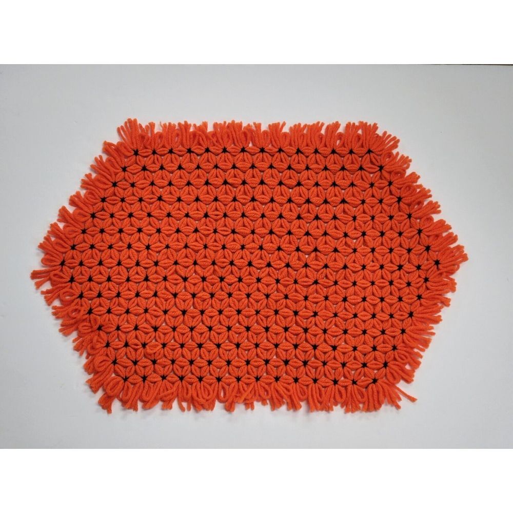 Vintage‎ Halloween Orange/Black Yarn Placemats 19" x 14", Set of 5 Handmade
